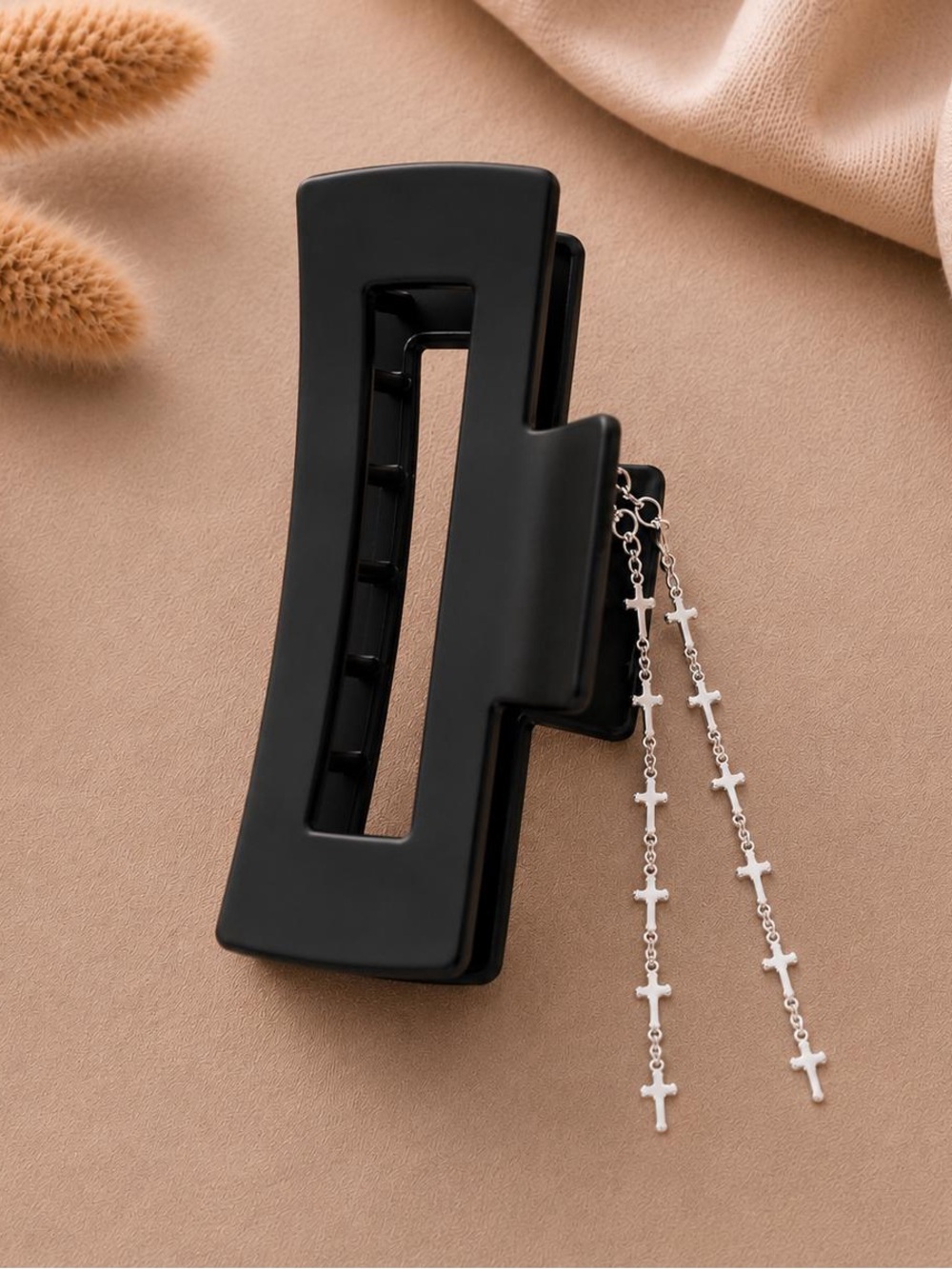 Black Matte Hair Claw Clip with Cross Charm Dangles